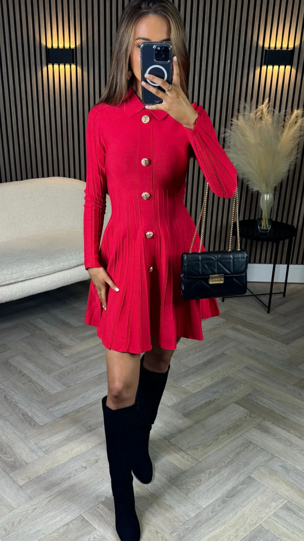 nessa_red_button_down_col_1.webp ALLYSON Fitted Dresses | Going Out Dresses^Nessa Red Button Down Collared Knit Mini Dress