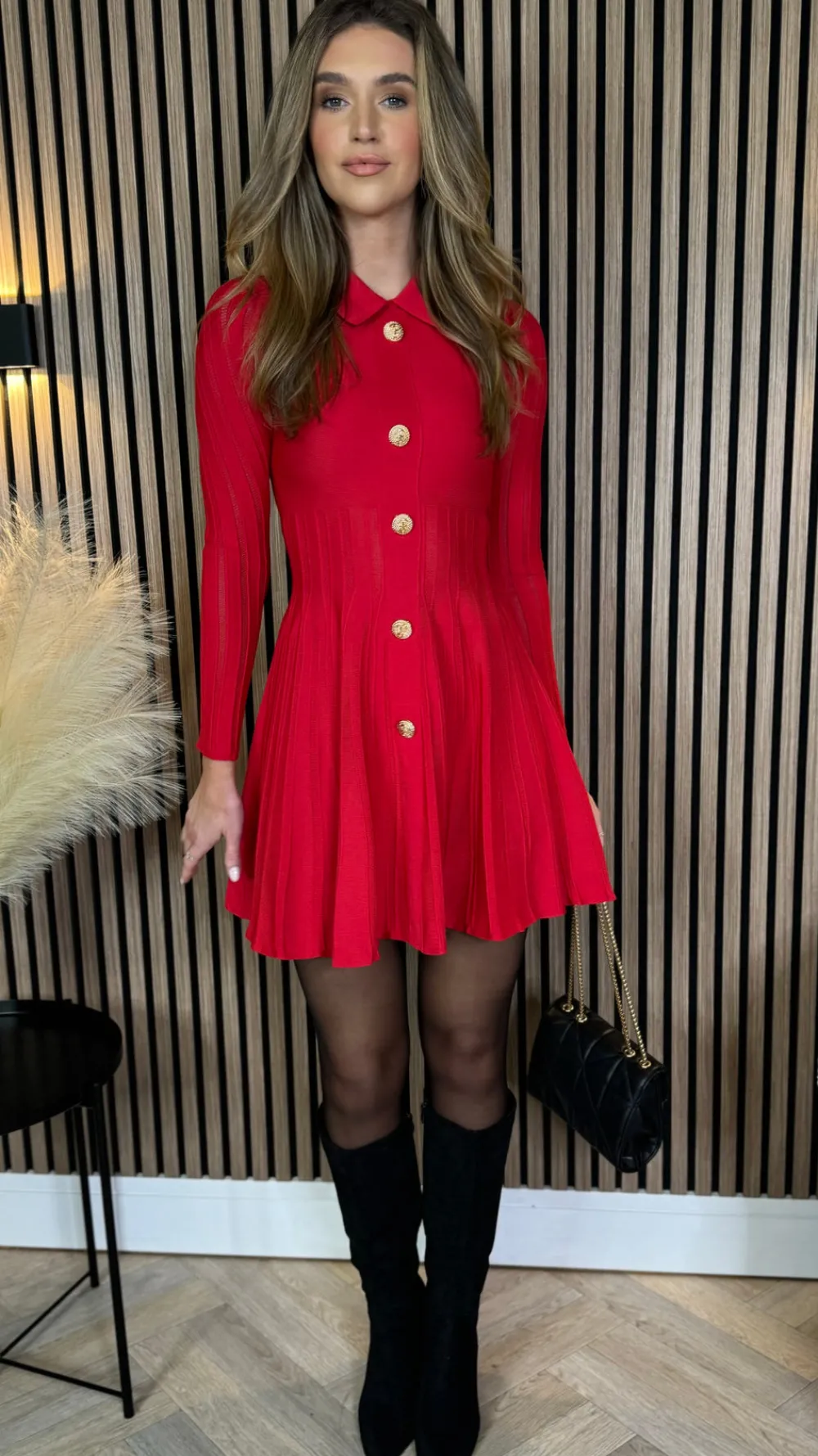 nessa_red_button_down_col_5.webp ALLYSON Fitted Dresses | Going Out Dresses^Nessa Red Button Down Collared Knit Mini Dress