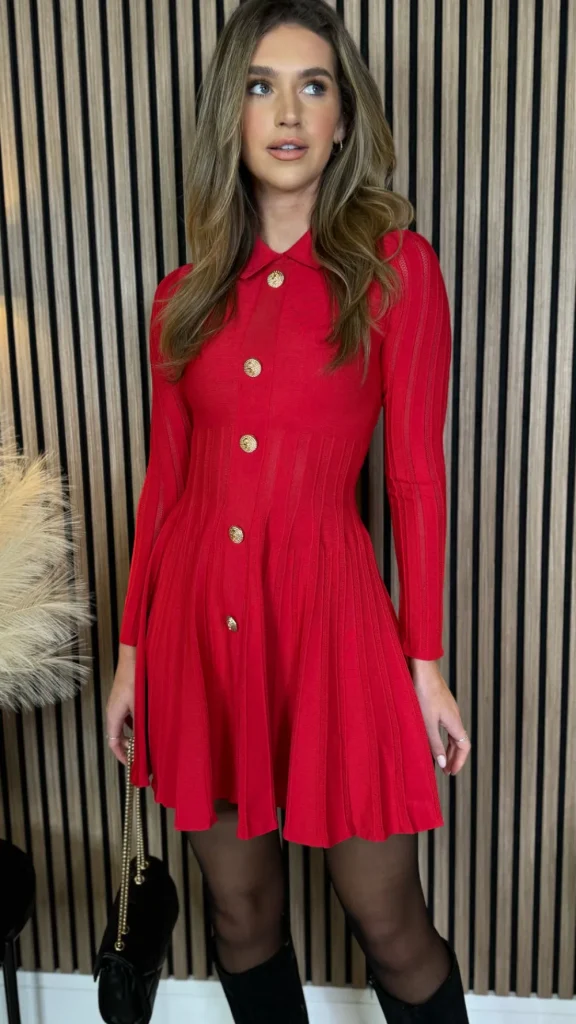 ALLYSON Fitted Dresses | Going Out Dresses^Nessa Red Button Down Collared Knit Mini Dress