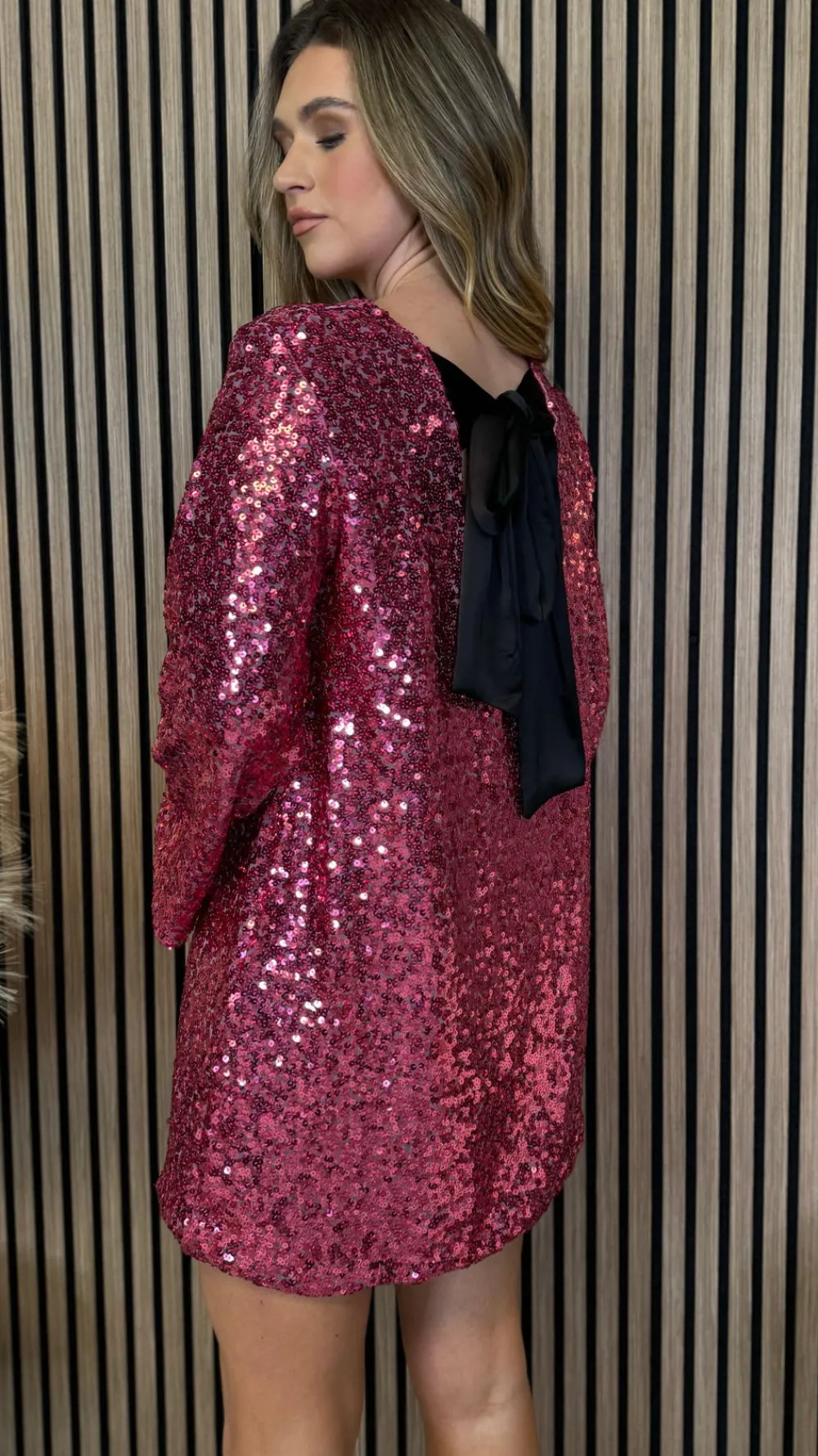 nikita_pink_sequin_with_b_0.webp BELLAVIE Going Out Dresses | Occasion Dresses^Nikita Pink Sequin With Black Bow Detail Mini Dress