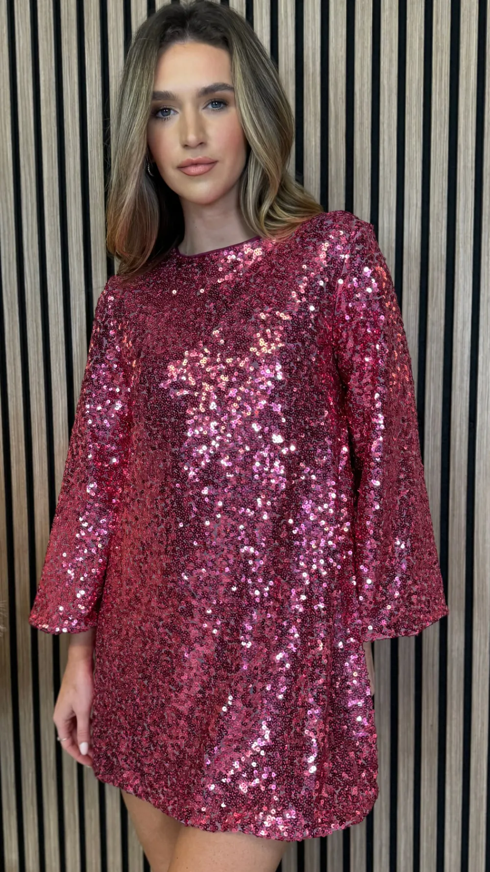 nikita_pink_sequin_with_b_6.webp BELLAVIE Going Out Dresses | Occasion Dresses^Nikita Pink Sequin With Black Bow Detail Mini Dress
