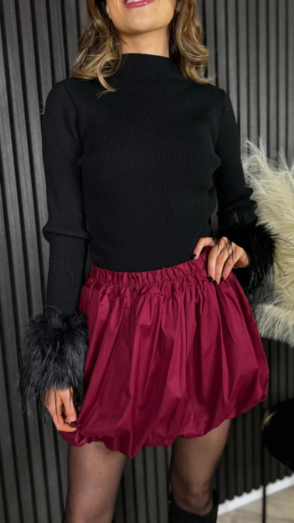 nyla_burgundy_puff_style__2.webp ESTEE BROWN Skirts & Shorts^Nyla Burgundy Puff Style Bubble Mini Skirt