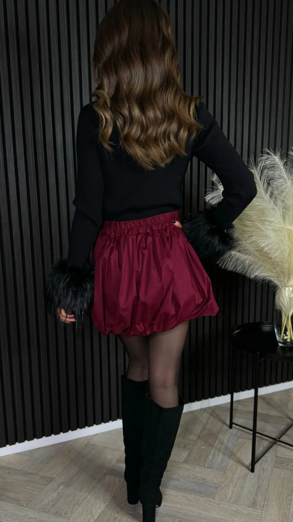 nyla_burgundy_puff_style__3.webp ESTEE BROWN Skirts & Shorts^Nyla Burgundy Puff Style Bubble Mini Skirt