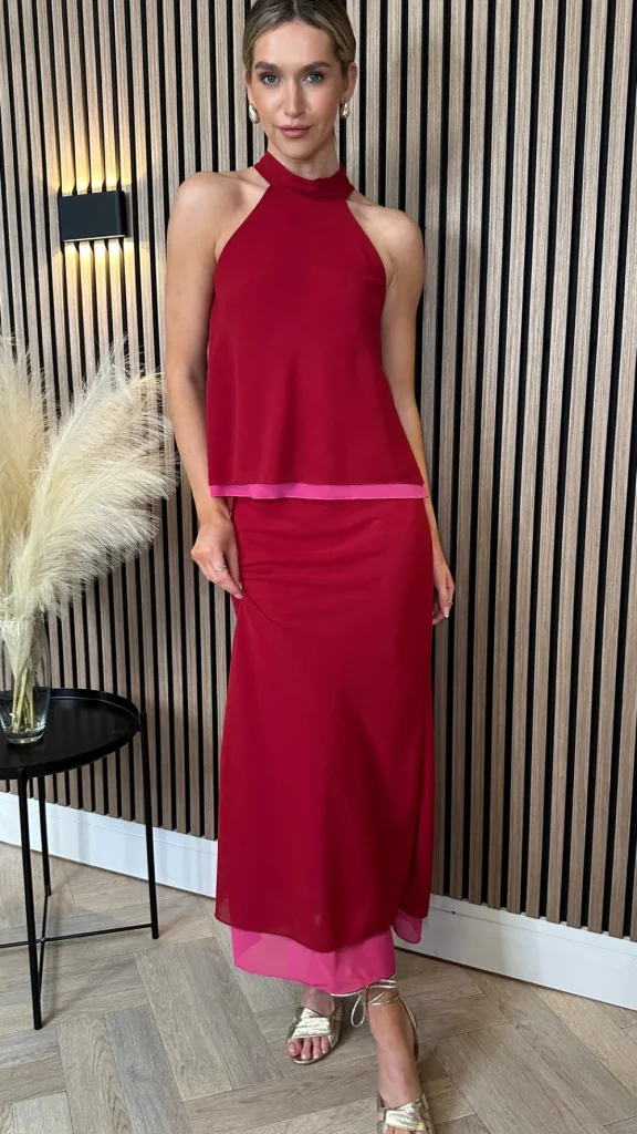 LORIANE Co-ords^Oaklynn Red Halterneck & Midi Skirt Co Ord