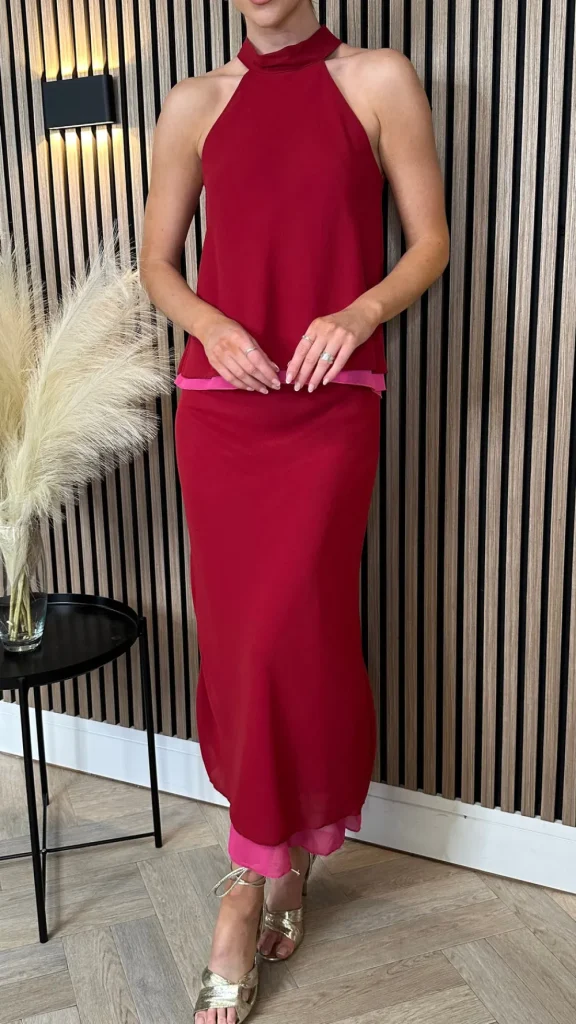 LORIANE Co-ords^Oaklynn Red Halterneck & Midi Skirt Co Ord