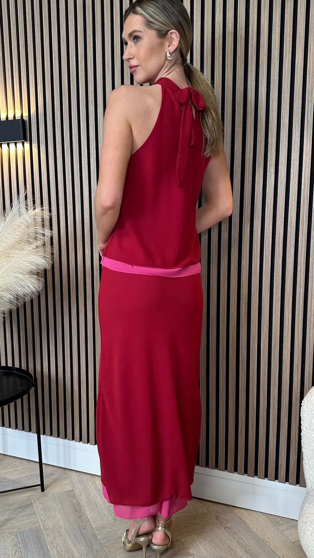 oaklynn_red_halterneck_am_3.webp LORIANE Co-ords^Oaklynn Red Halterneck & Midi Skirt Co Ord