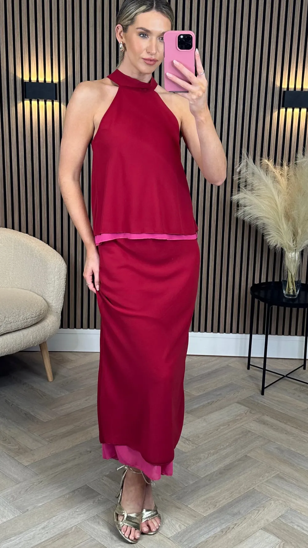 oaklynn_red_halterneck_am_4.webp LORIANE Co-ords^Oaklynn Red Halterneck & Midi Skirt Co Ord