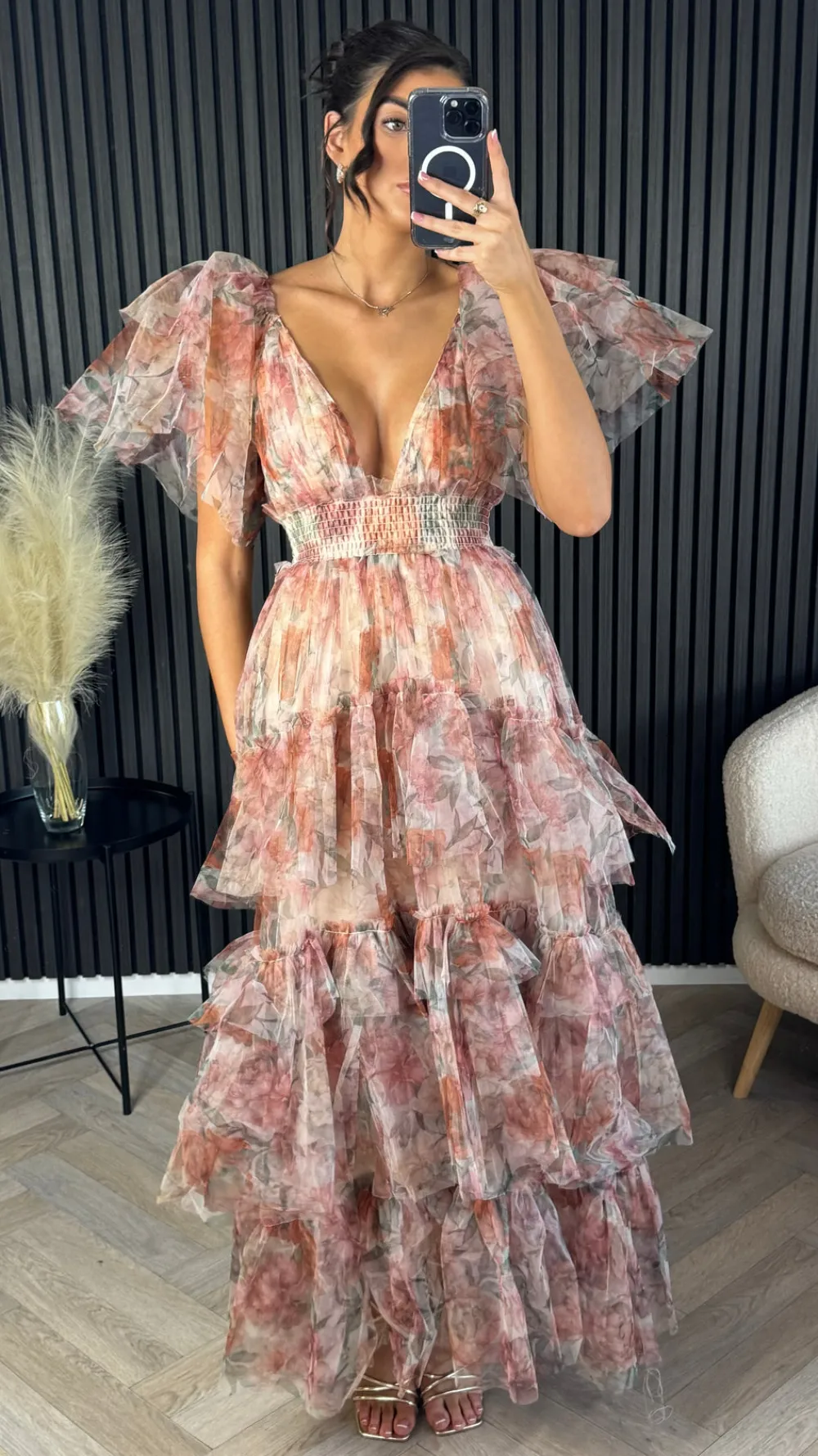 oceana_brown_floral_print_0.webp CANDICE FAIRE Going Out Dresses | Occasion Dresses^Oceana Brown Floral Print Tulle Maxi Dress