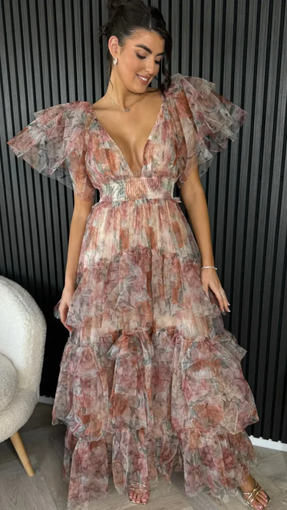CANDICE FAIRE Going Out Dresses | Occasion Dresses^Oceana Brown Floral Print Tulle Maxi Dress