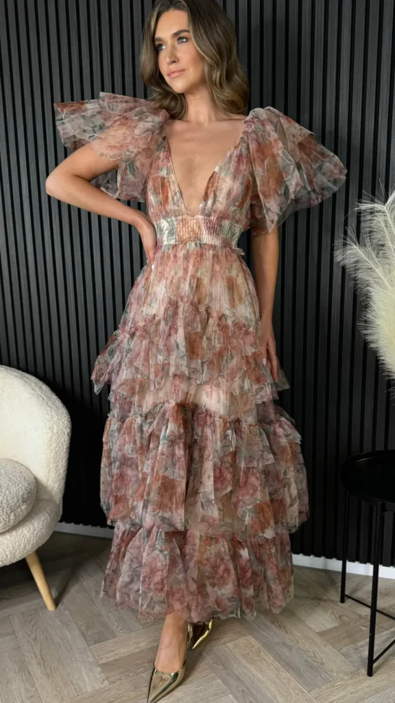 CANDICE FAIRE Going Out Dresses | Occasion Dresses^Oceana Brown Floral Print Tulle Maxi Dress