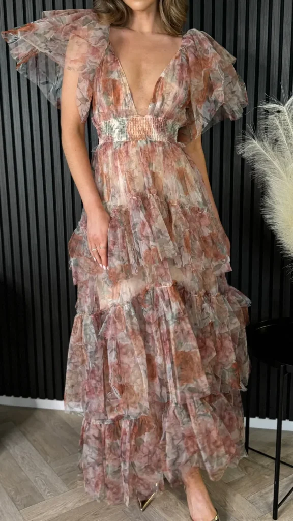CANDICE FAIRE Going Out Dresses | Occasion Dresses^Oceana Brown Floral Print Tulle Maxi Dress
