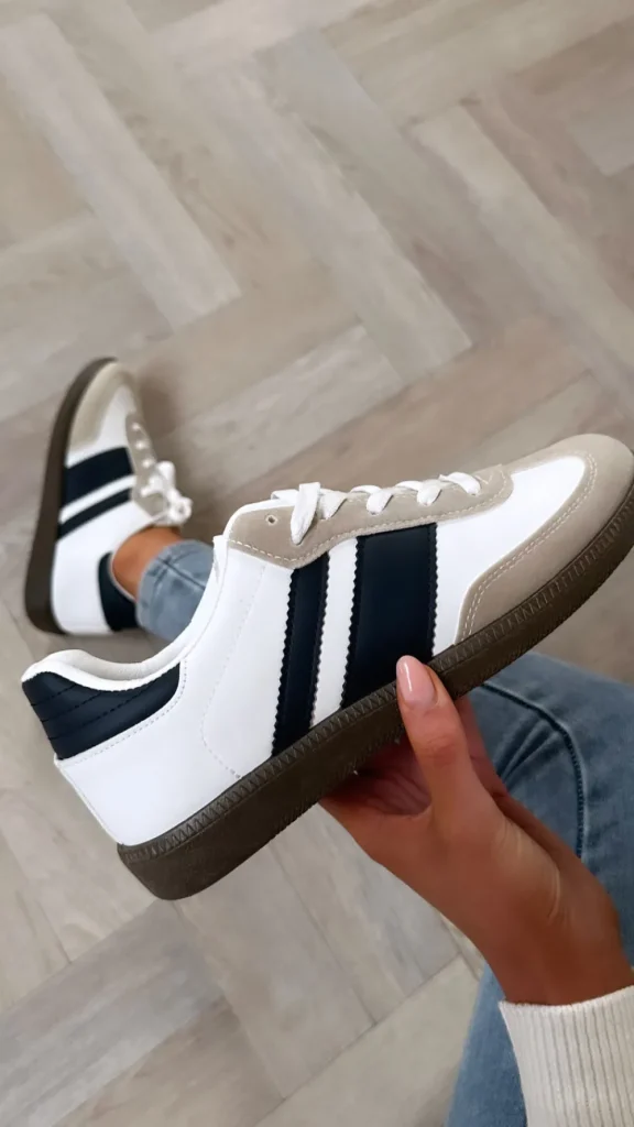 JOIA Trainers | Flats^Odelle White & Navy Stripe Trainers