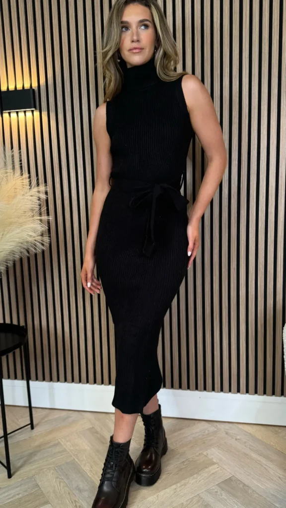 AX PARIS Going Out Dresses | Midi Dresses^Paige Black Roll Neck Sleeveless Belted Knit Midi Dress