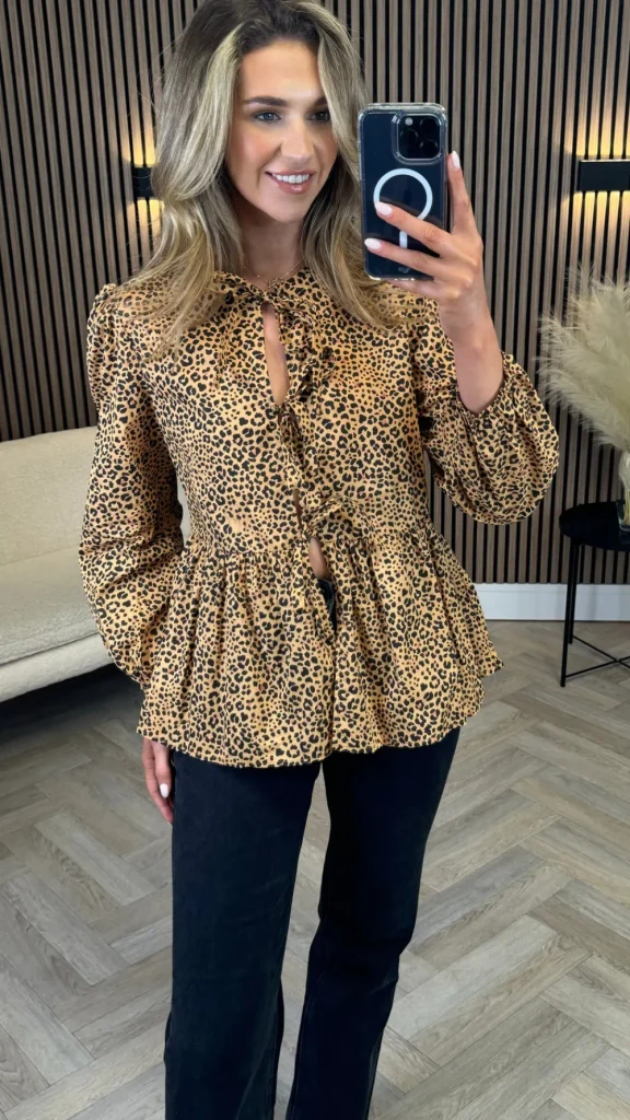 PARIS FASHION SHOPS Tops^Penny Beige & Black Leopard Printed Tie Detail Top