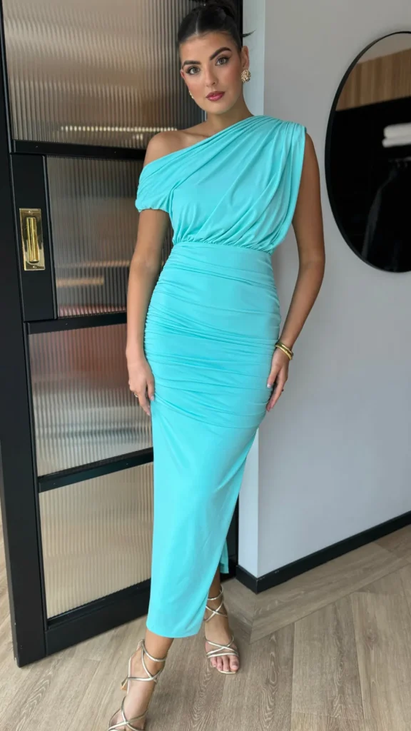 AX PARIS Fitted Dresses | Going Out Dresses^Presley Aqua Off The Shoulder Draped Top Midi Dress