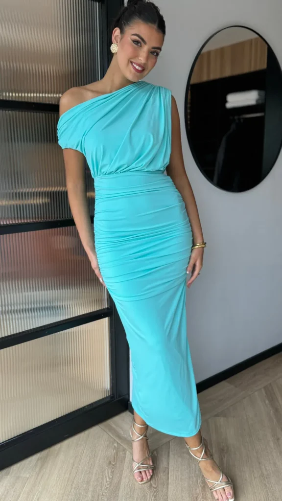 AX PARIS Fitted Dresses | Going Out Dresses^Presley Aqua Off The Shoulder Draped Top Midi Dress