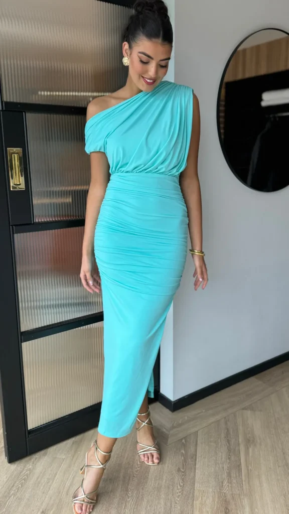AX PARIS Fitted Dresses | Going Out Dresses^Presley Aqua Off The Shoulder Draped Top Midi Dress