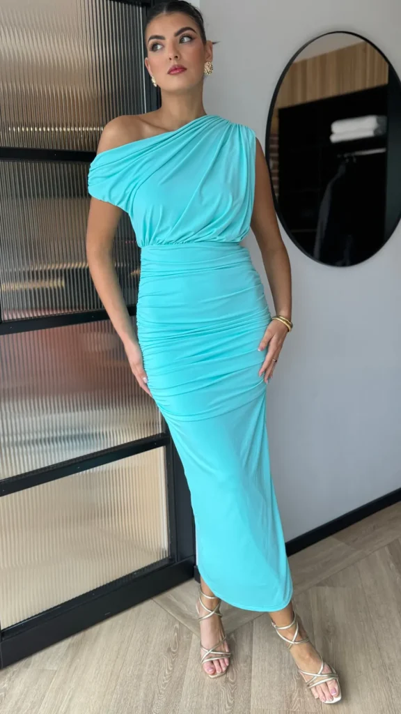 AX PARIS Fitted Dresses | Going Out Dresses^Presley Aqua Off The Shoulder Draped Top Midi Dress
