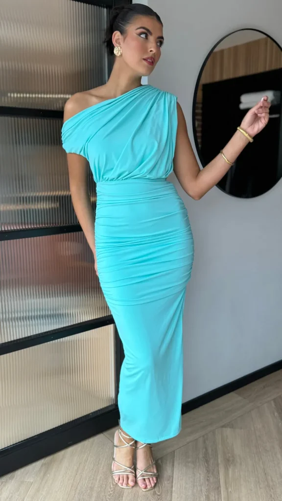 AX PARIS Fitted Dresses | Going Out Dresses^Presley Aqua Off The Shoulder Draped Top Midi Dress