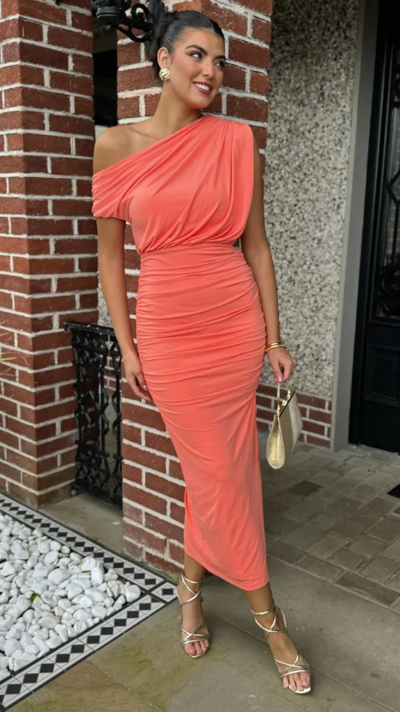 AX PARIS Fitted Dresses | Going Out Dresses^Presley Peach Off The Shoulder Draped Top Midi Dress