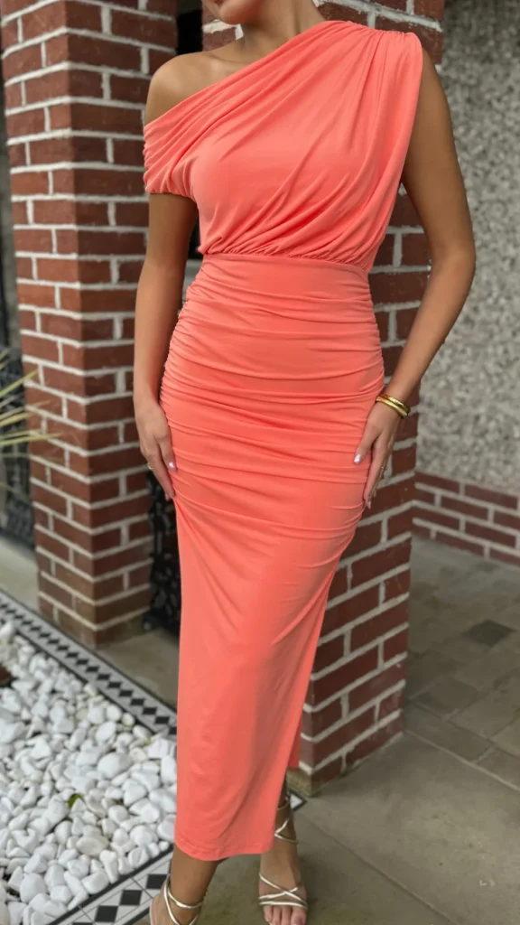 AX PARIS Fitted Dresses | Going Out Dresses^Presley Peach Off The Shoulder Draped Top Midi Dress
