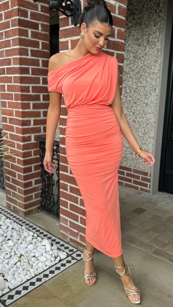 AX PARIS Fitted Dresses | Going Out Dresses^Presley Peach Off The Shoulder Draped Top Midi Dress