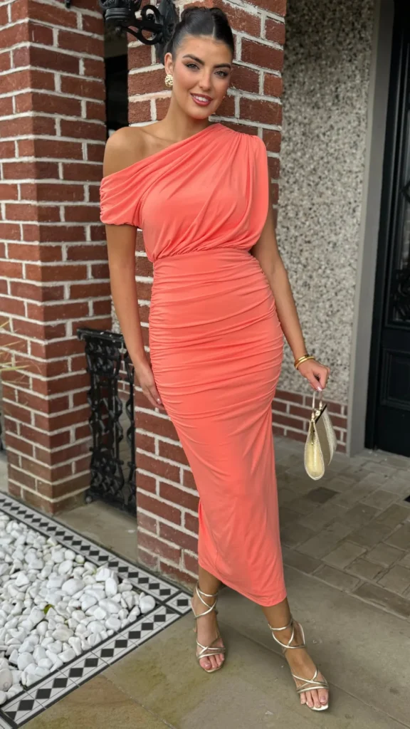 AX PARIS Fitted Dresses | Going Out Dresses^Presley Peach Off The Shoulder Draped Top Midi Dress