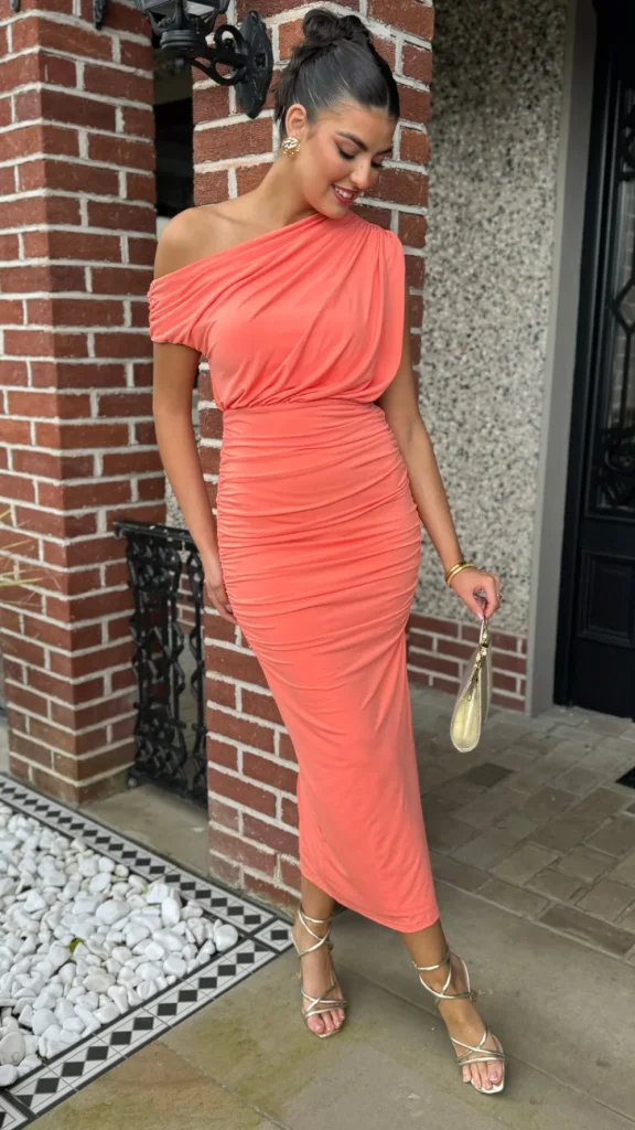 AX PARIS Fitted Dresses | Going Out Dresses^Presley Peach Off The Shoulder Draped Top Midi Dress