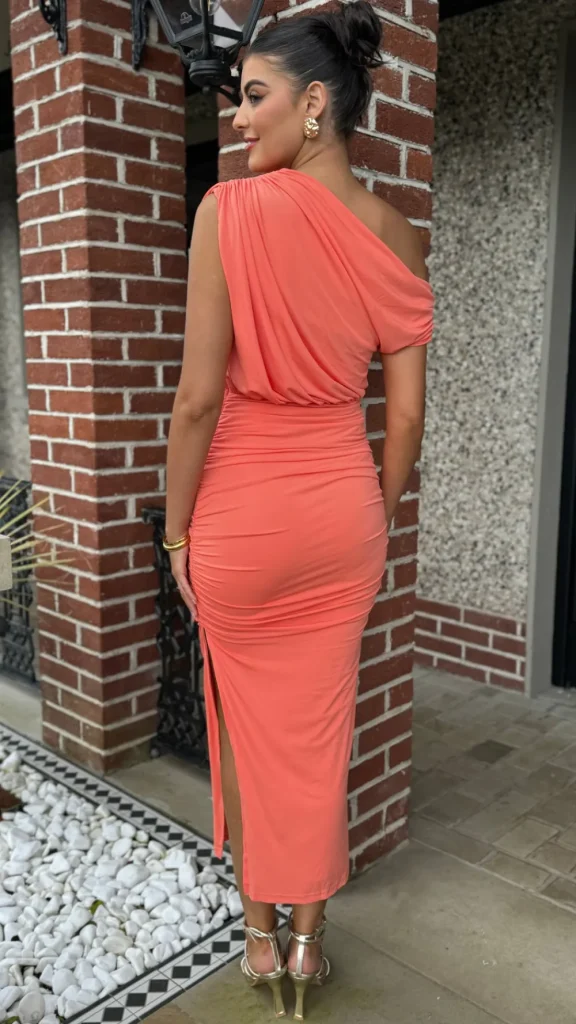 AX PARIS Fitted Dresses | Going Out Dresses^Presley Peach Off The Shoulder Draped Top Midi Dress