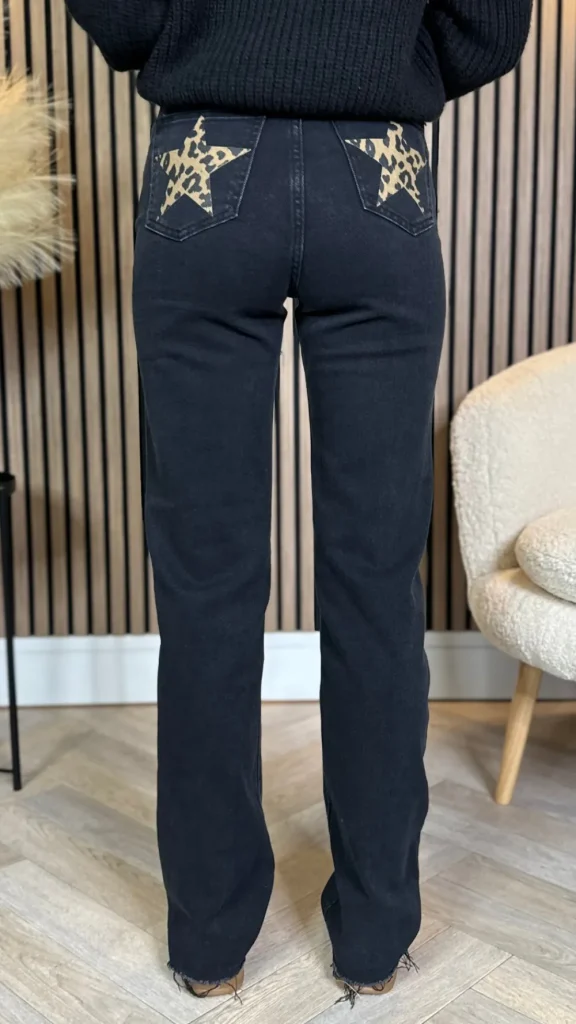 REDIAL Jeans^Quest Black Straight Leg Frayed Hem Pocket Detail Jeans