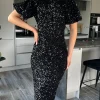 VERA LUCY Fitted Dresses | Going Out Dresses^Rachelle Black Sequin Bow Back Detail Midi Dress