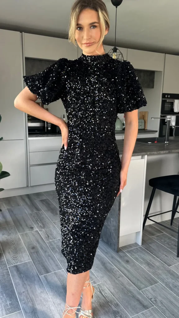 VERA LUCY Fitted Dresses | Going Out Dresses^Rachelle Black Sequin Bow Back Detail Midi Dress