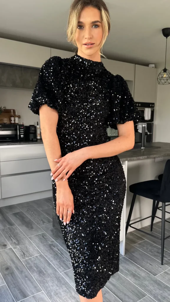 VERA LUCY Fitted Dresses | Going Out Dresses^Rachelle Black Sequin Bow Back Detail Midi Dress