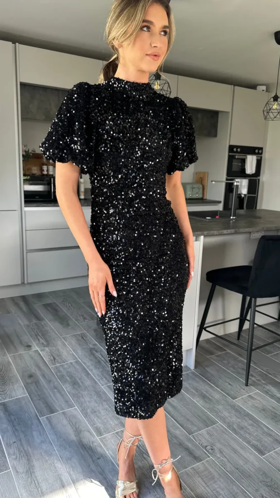VERA LUCY Fitted Dresses | Going Out Dresses^Rachelle Black Sequin Bow Back Detail Midi Dress