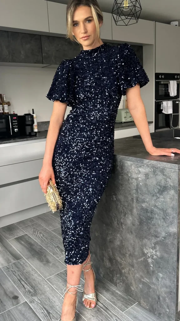 VERA LUCY Fitted Dresses | Going Out Dresses^Rachelle Navy Sequin Bow Back Detail Midi Dress