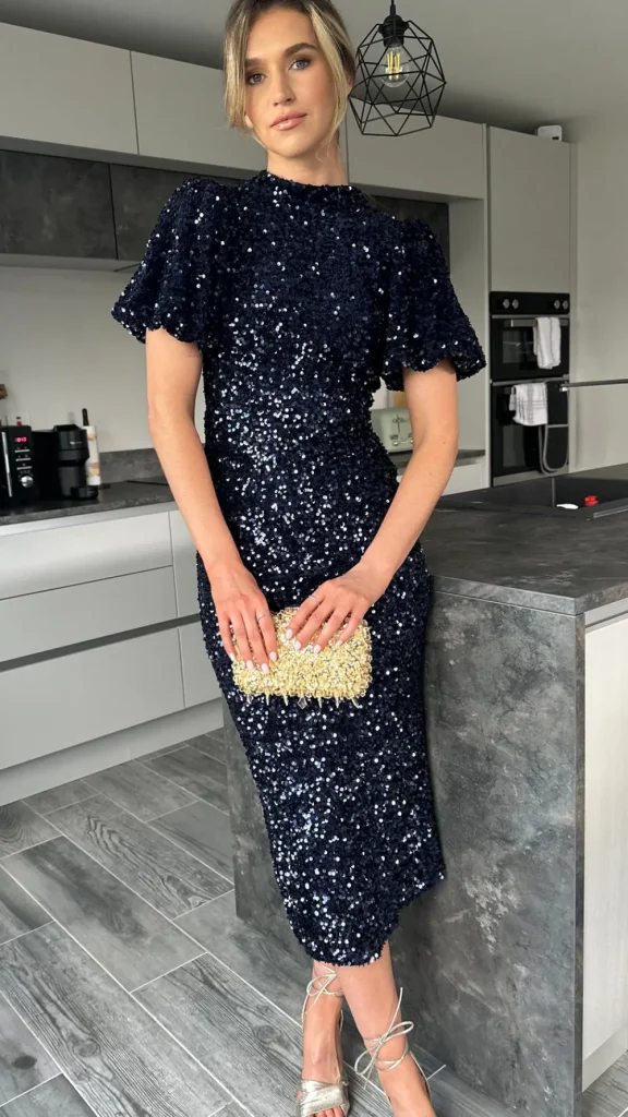 VERA LUCY Fitted Dresses | Going Out Dresses^Rachelle Navy Sequin Bow Back Detail Midi Dress