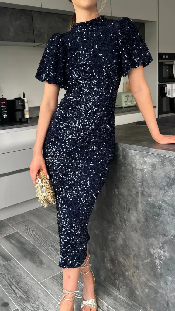 VERA LUCY Fitted Dresses | Going Out Dresses^Rachelle Navy Sequin Bow Back Detail Midi Dress