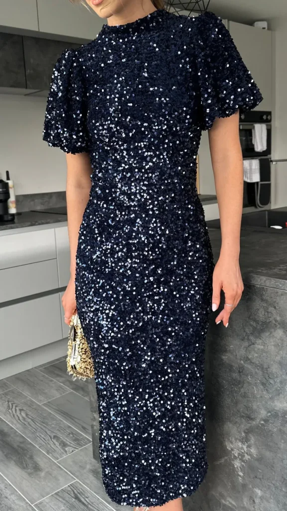 VERA LUCY Fitted Dresses | Going Out Dresses^Rachelle Navy Sequin Bow Back Detail Midi Dress