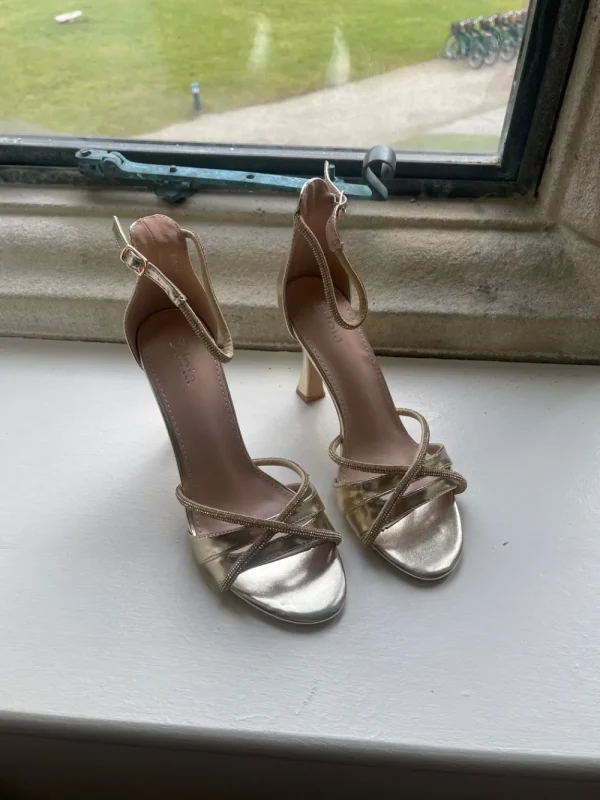 JOIA Heels^Raelle Gold Diamante Strappy Stiletto Sandals