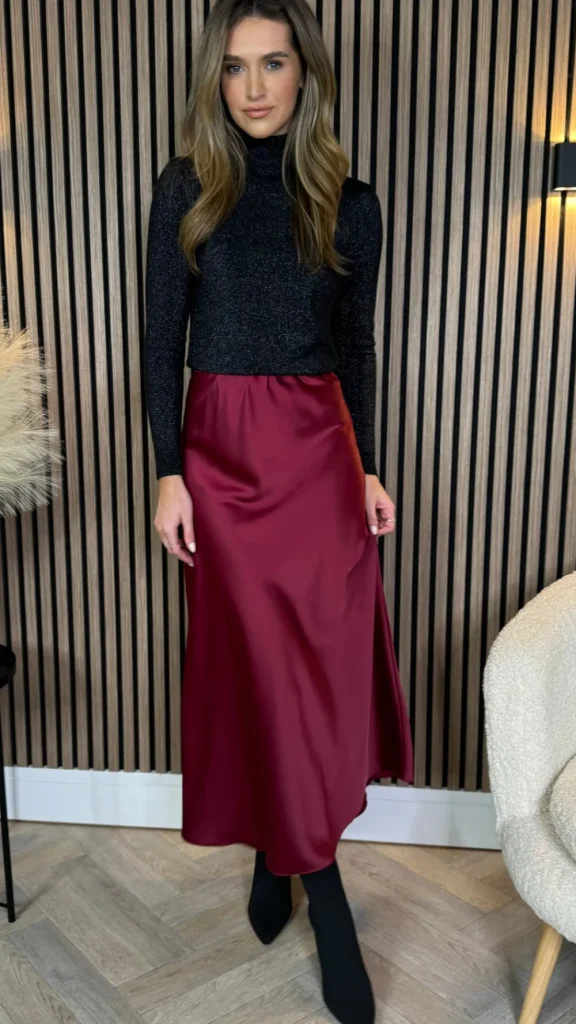 LORAINE Skirts & Shorts^Raquel Burgundy Satin Slip Skirt