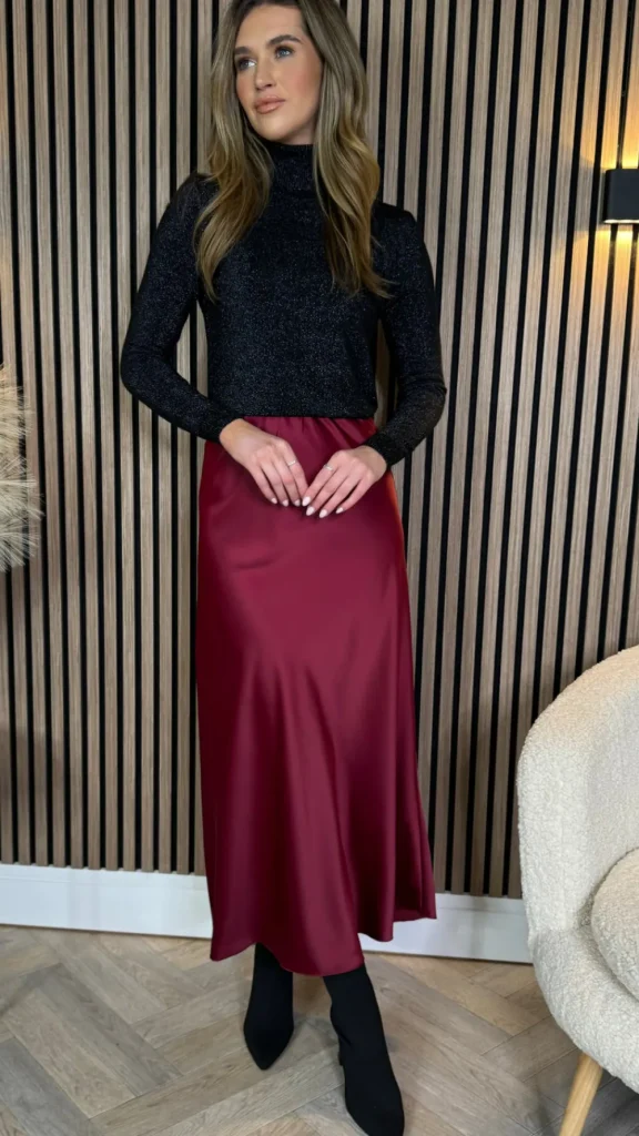 LORAINE Skirts & Shorts^Raquel Burgundy Satin Slip Skirt
