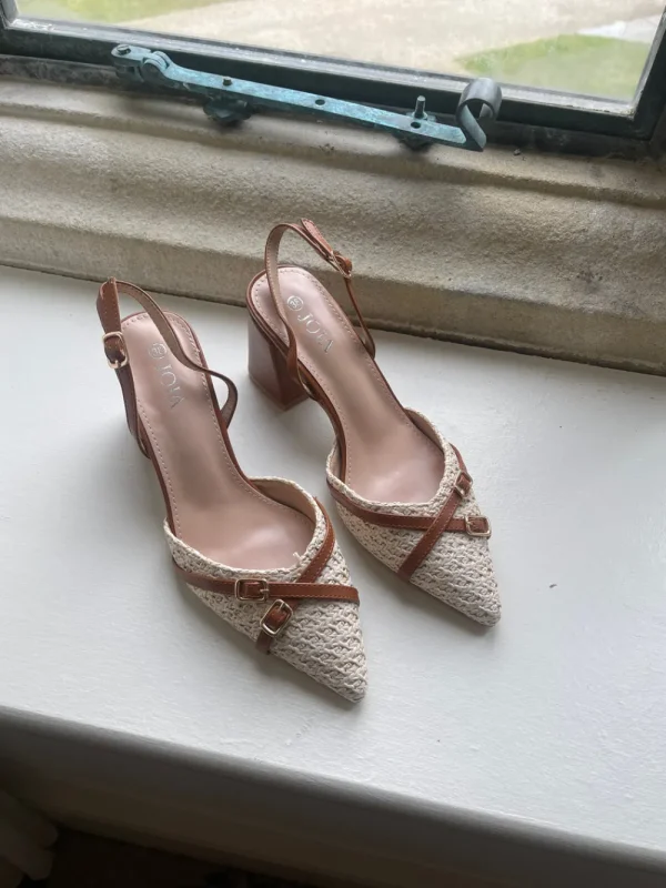 JOIA Heels^Rhianne Beige Block Heel Slingback Shoes