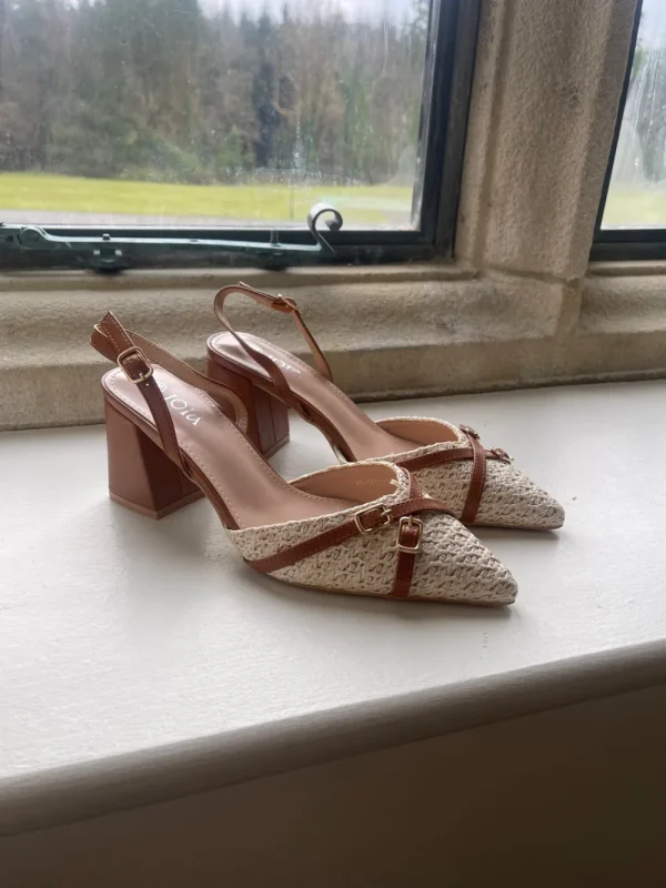 JOIA Heels^Rhianne Beige Block Heel Slingback Shoes