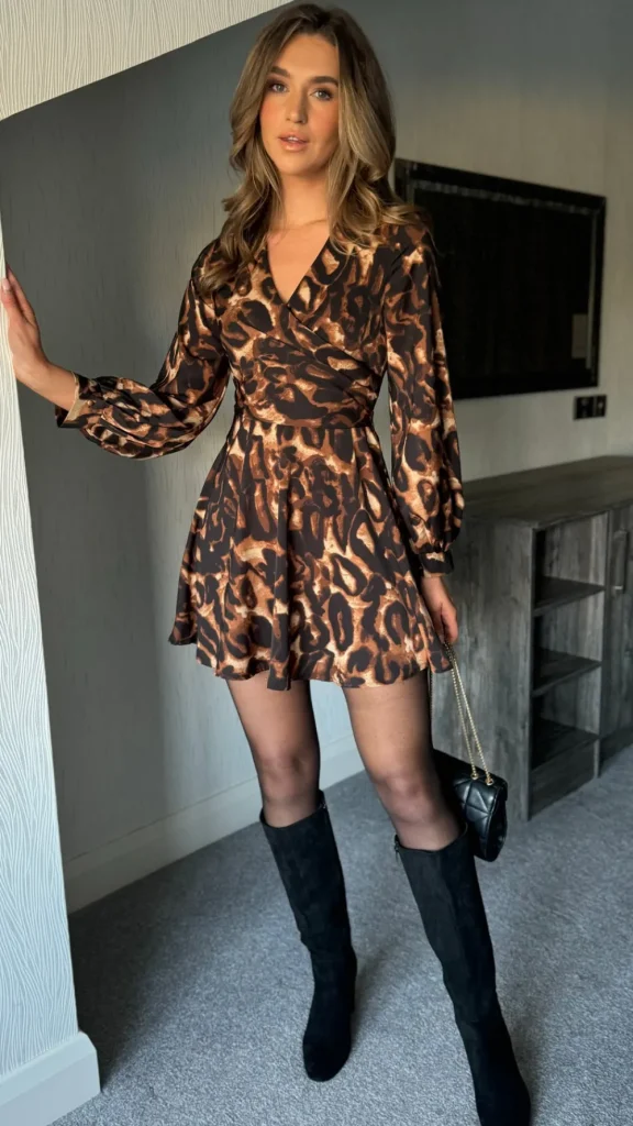 GIRL IN MIND Day Dresses | Going Out Dresses^Rhona Beige & Black Abstract Wrap Detail Skater Mini Dress