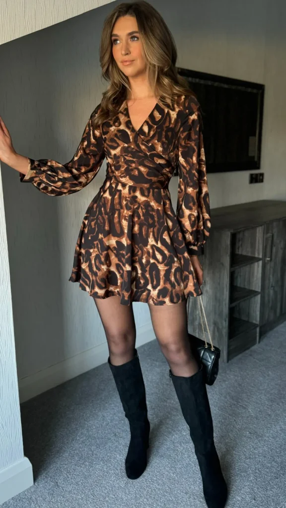 GIRL IN MIND Day Dresses | Going Out Dresses^Rhona Beige & Black Abstract Wrap Detail Skater Mini Dress