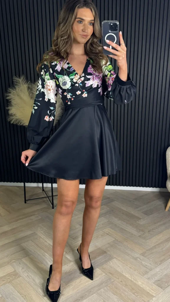 GIRL IN MIND Day Dresses | Going Out Dresses^Rhona Black Floral Wrap Detail Skater Mini Dress