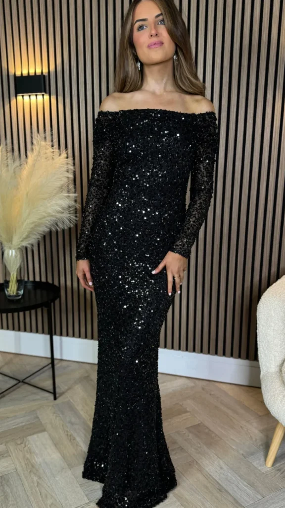 VERA LUCY Fitted Dresses | Going Out Dresses^Rio Black Sequin Detail Off Shoulder Long Sleeve Maxi Dress