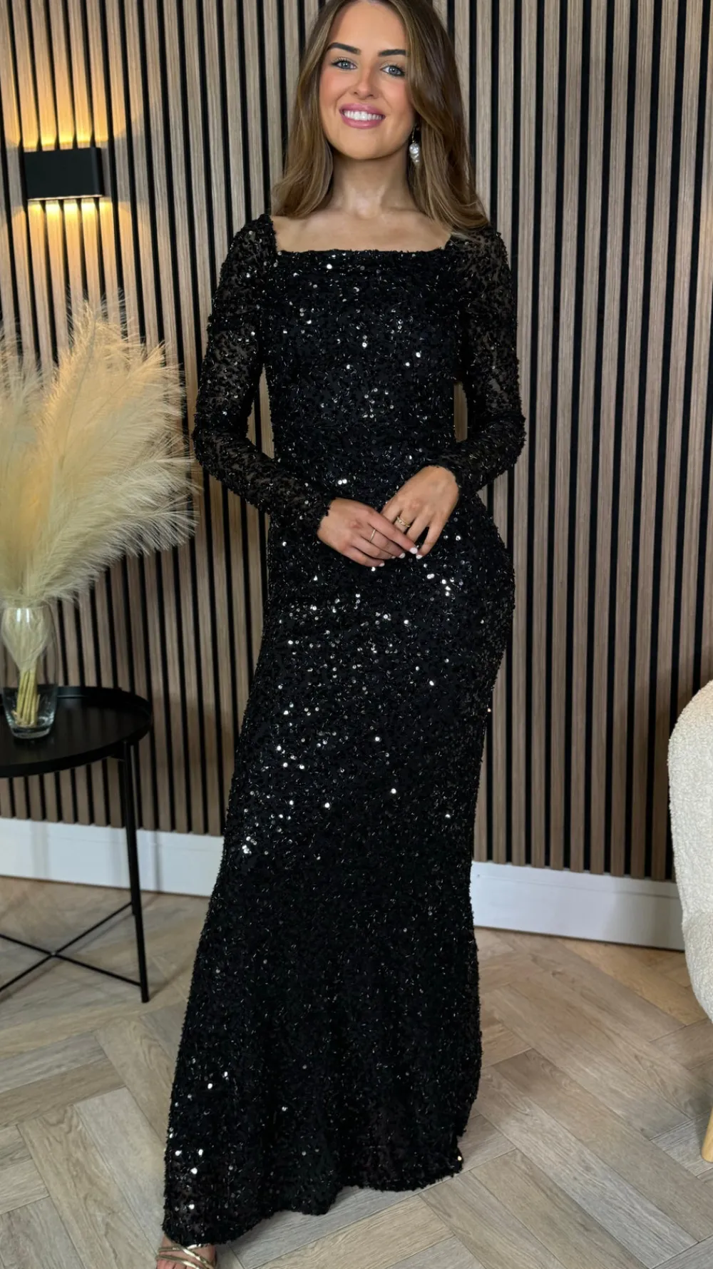 rio_black_sequin_detail_o_3.webp VERA LUCY Fitted Dresses | Going Out Dresses^Rio Black Sequin Detail Off Shoulder Long Sleeve Maxi Dress