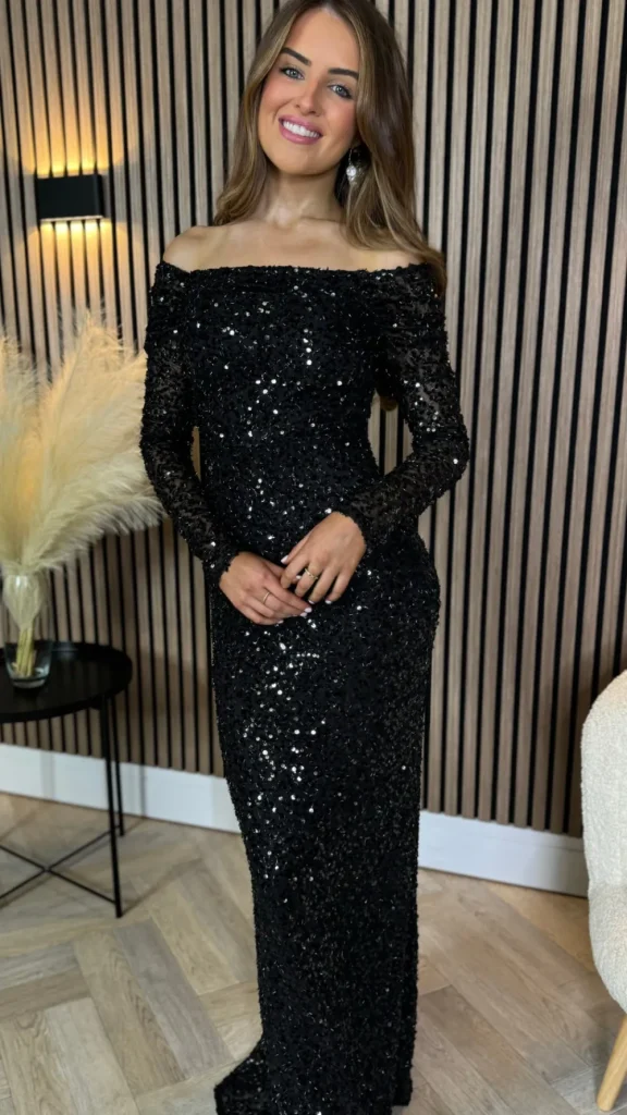 VERA LUCY Fitted Dresses | Going Out Dresses^Rio Black Sequin Detail Off Shoulder Long Sleeve Maxi Dress