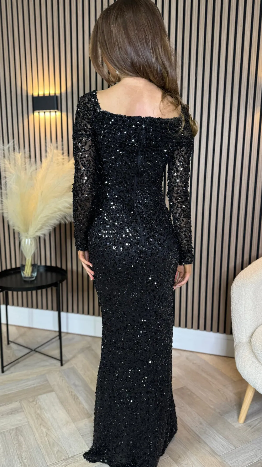 rio_black_sequin_detail_o_7.webp VERA LUCY Fitted Dresses | Going Out Dresses^Rio Black Sequin Detail Off Shoulder Long Sleeve Maxi Dress